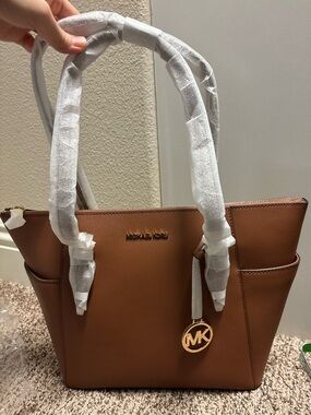 Michael Kors NWT Brown Saffiano Leather Tote with Gold MK Charm